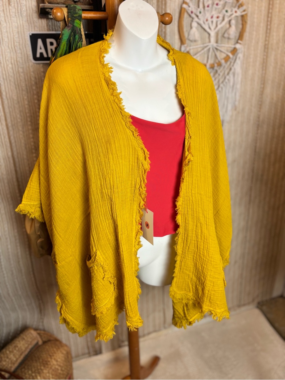 Mustard Yellow Open-Front Fringe Wrap Jacket